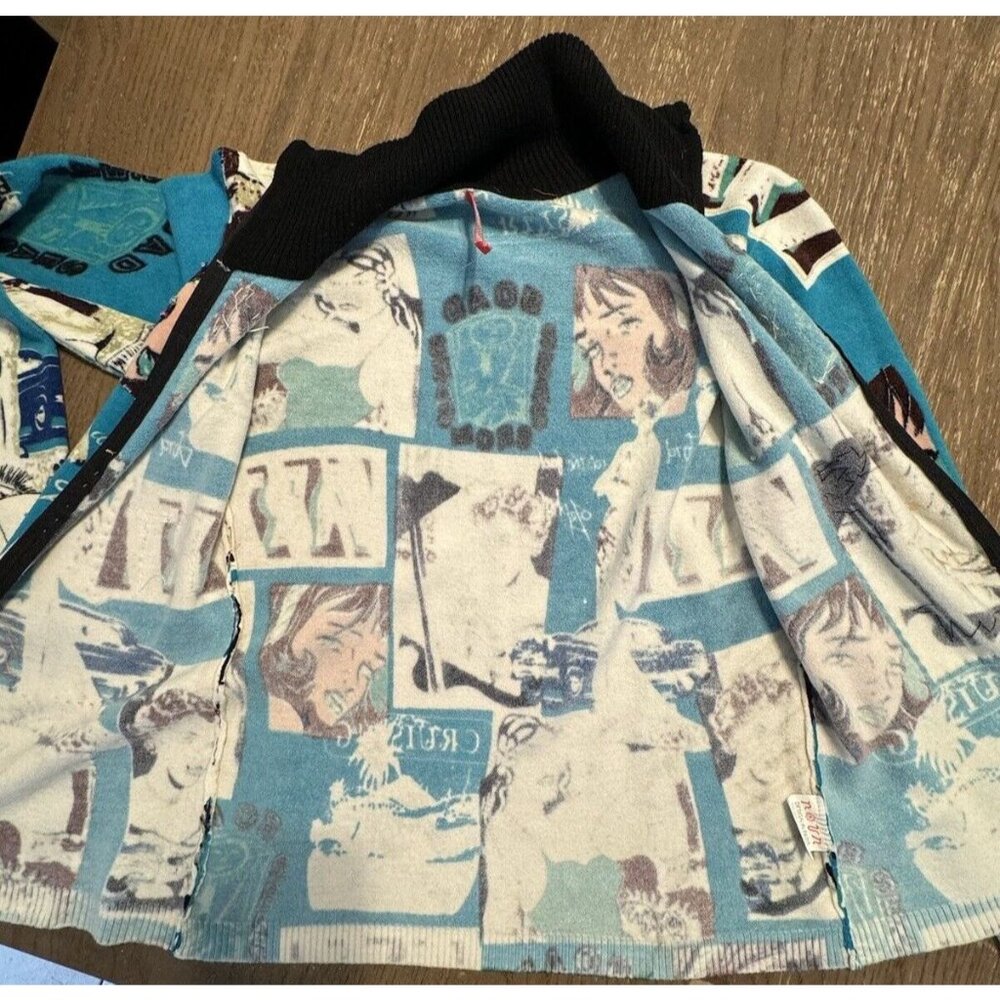 vtg noun Paris full zip cardigan Sweater Jacket Sequin Pin Up Girl Aqua Retro To - Picture 11 of 14